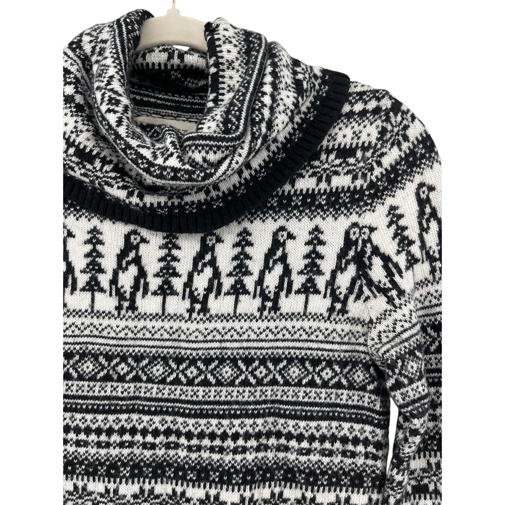 LOFT Fair Isle Penguin Tree Print Cowl Neck Sweater wool mix Small Black White s